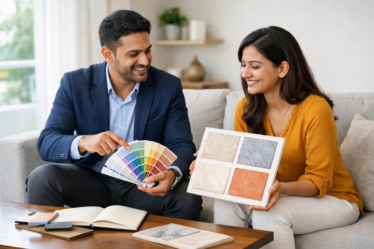 Wall Designer consultant showing colour swatches and texture samples to a client during a free consultation