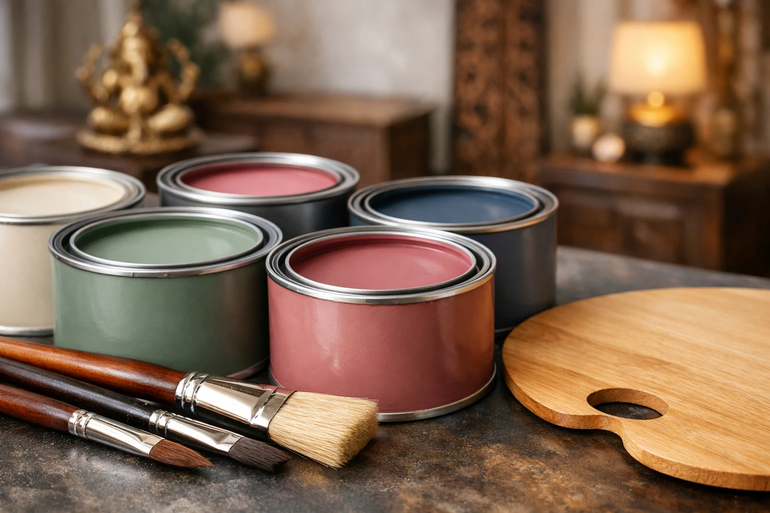 Premium paint cans in multiple colours with brushes and palette — quality materials used by Wall Designer