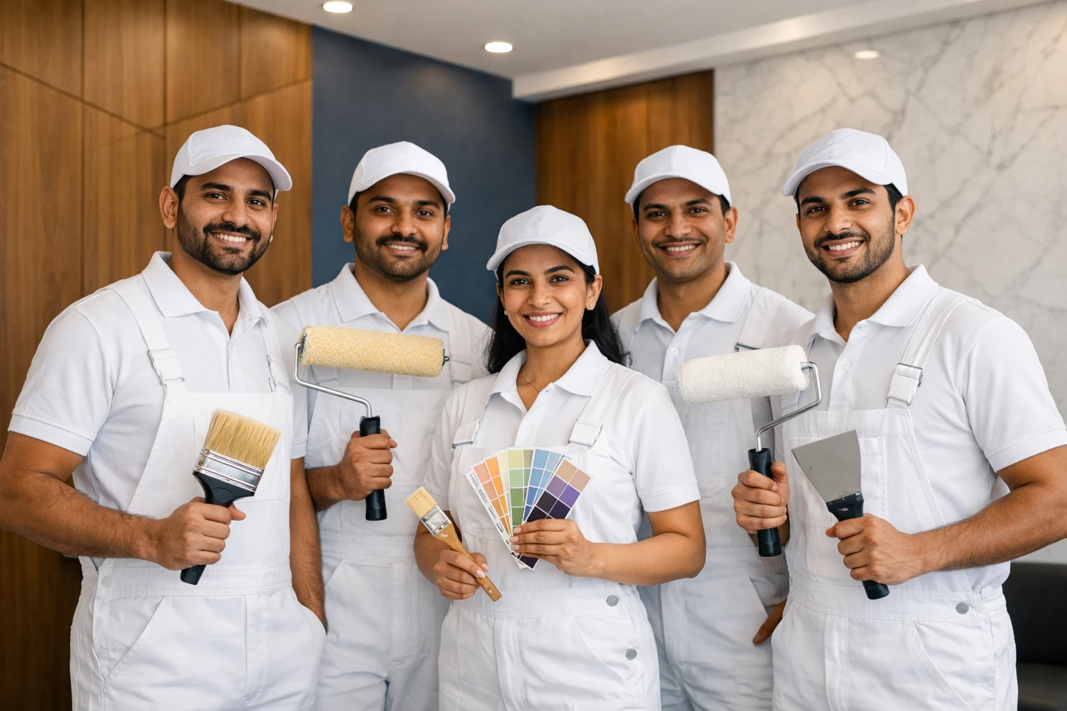 Wall Designer professional team of painters in white uniforms holding brushes, rollers, and colour swatches