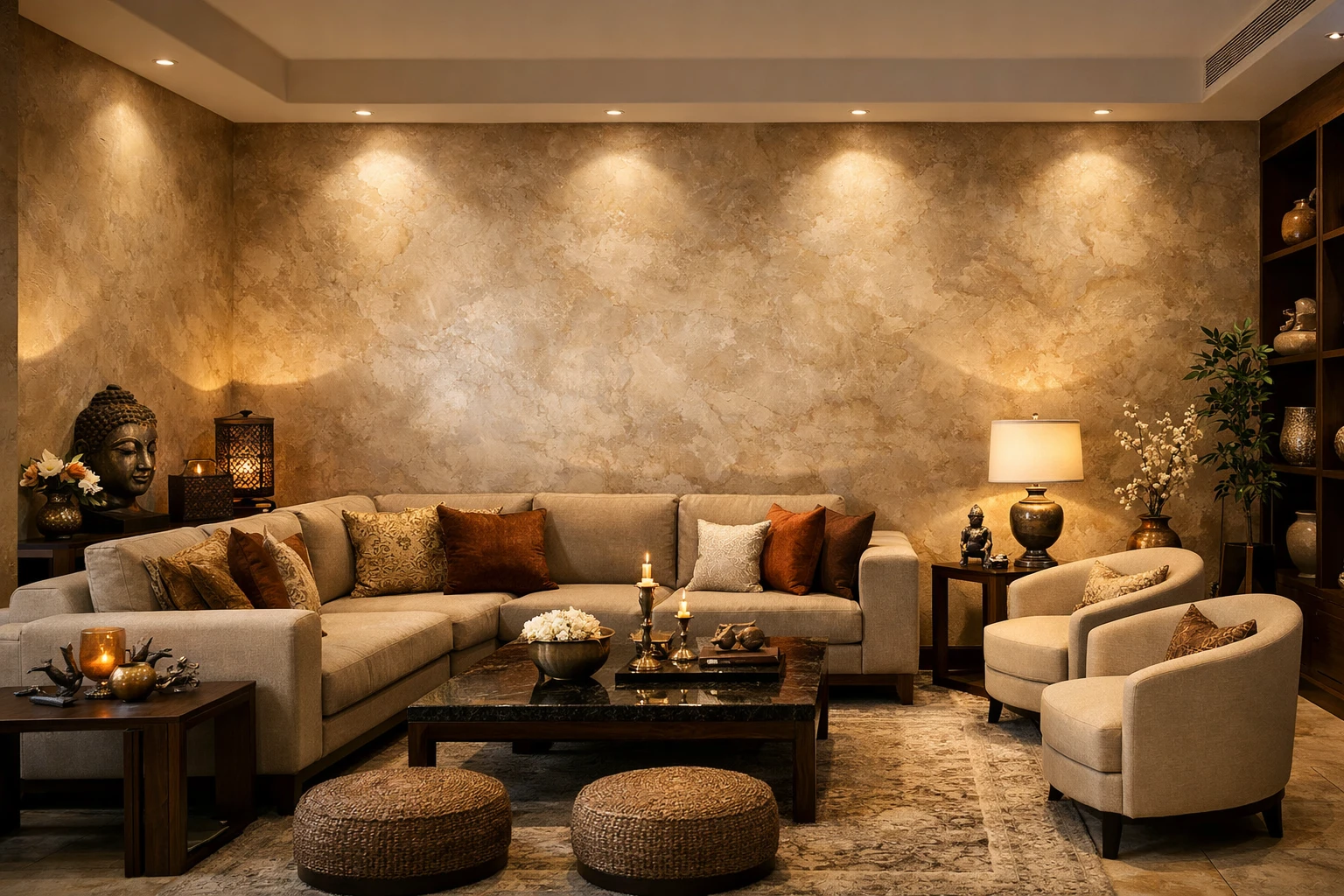 Luxury Indian living room with professionally textured walls and elegant décor by Wall Designer
