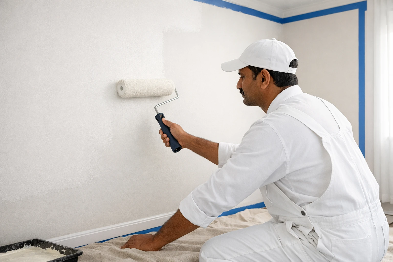 Professional painter applying fresh coat of paint on interior wall with precision