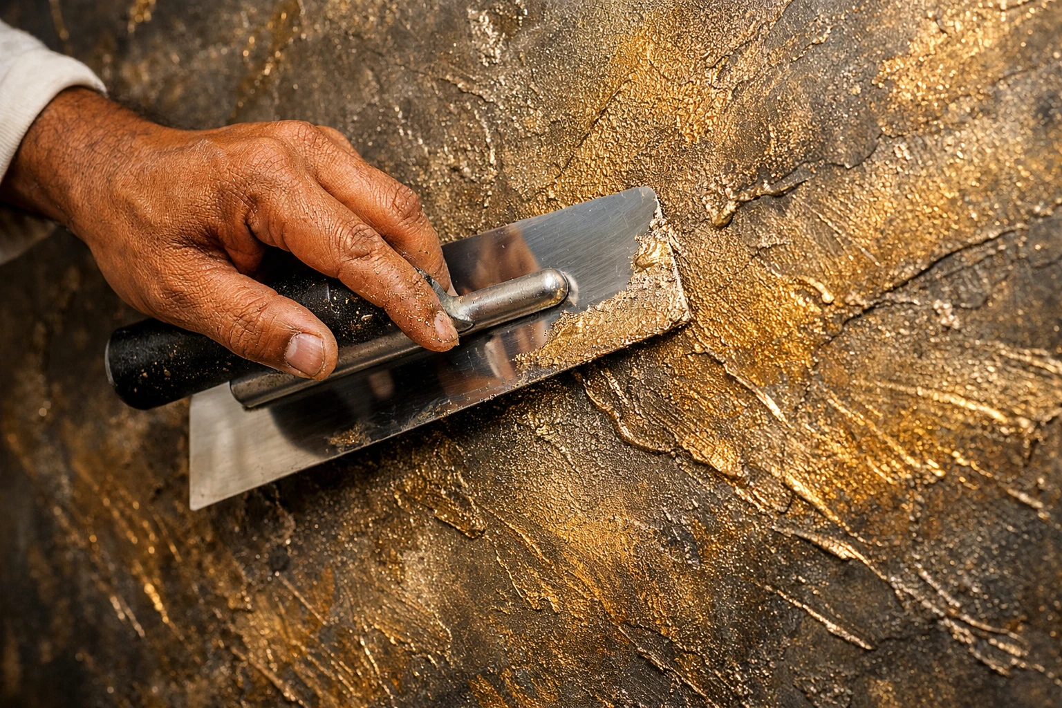 Artisan applying premium golden texture finish on wall using professional trowel